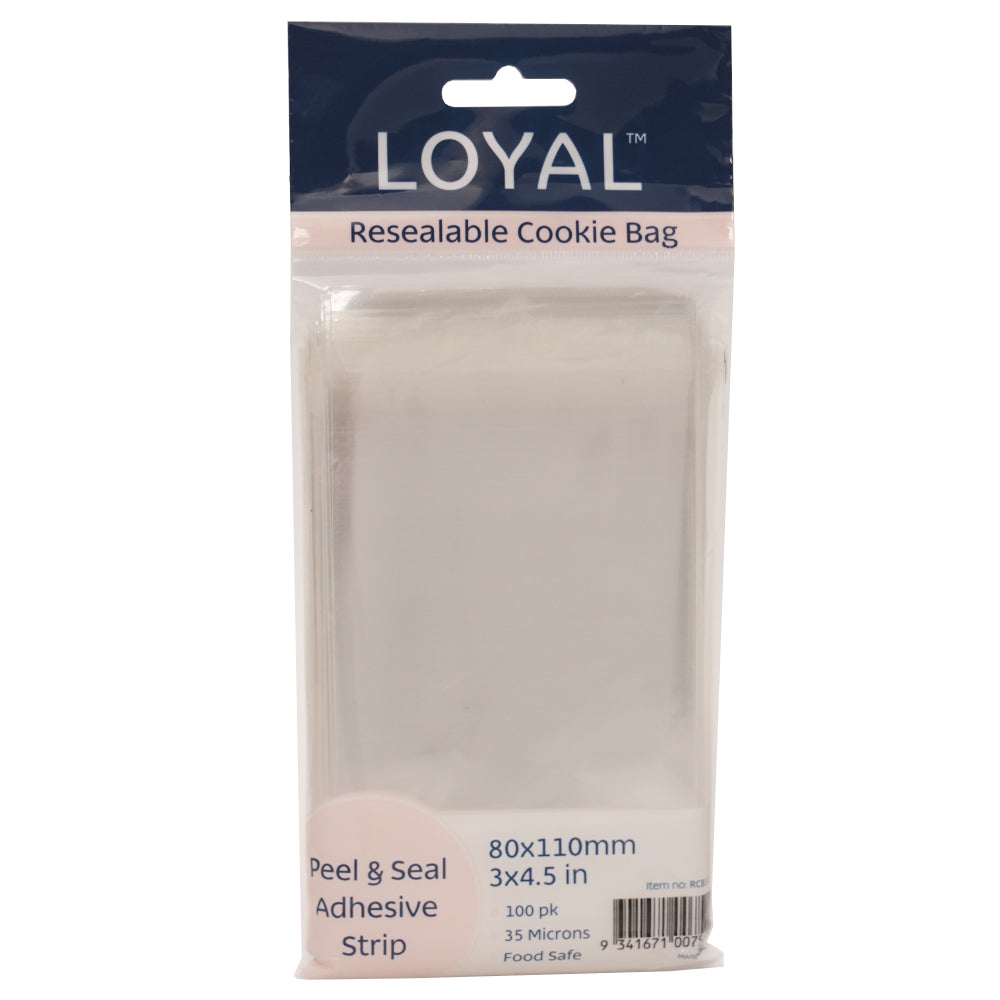 LOYAL resealable cookie bag package with navy header and clear bags inside, labeled 80 x 110 mm (3 x 4.5 in) with peel and seal adhesive strip and 100 pack.
