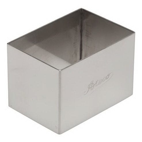 Ateco 4907 2 1/2" stainless steel rectangle mold with a polished finish and engraved branding, designed for precise baking and plating.