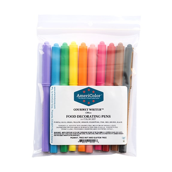 AmeriColor 10 Color Gourmet Writer Pen Set in clear zip pouch, featuring food-safe decorating markers in a full rainbow of colors for edible artwork and writing.