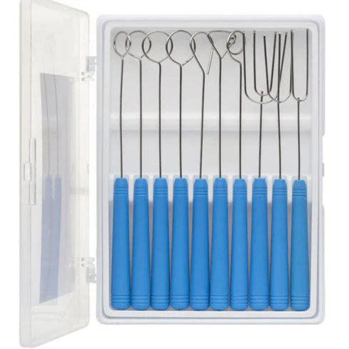 Ateco 10-piece stainless steel dipping tool set with blue ergonomic handles and a storage case for chocolate and confectionery work.