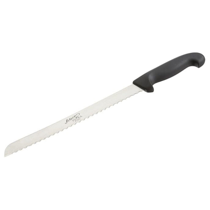 Ateco 10" Cake Knife with a stainless steel serrated blade and ergonomic black plastic handle, designed for precision slicing of cakes and pastries.