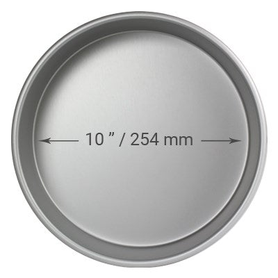 10-inch diameter and 4-inch deep round cake pan made of anodized aluminum with seamless construction for smooth, straight-edge cakes.