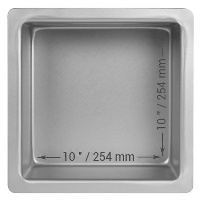 10-inch, 4-inch deep square cake pan with seamless anodized aluminum construction for smooth, even sponge cakes and professional baking results.