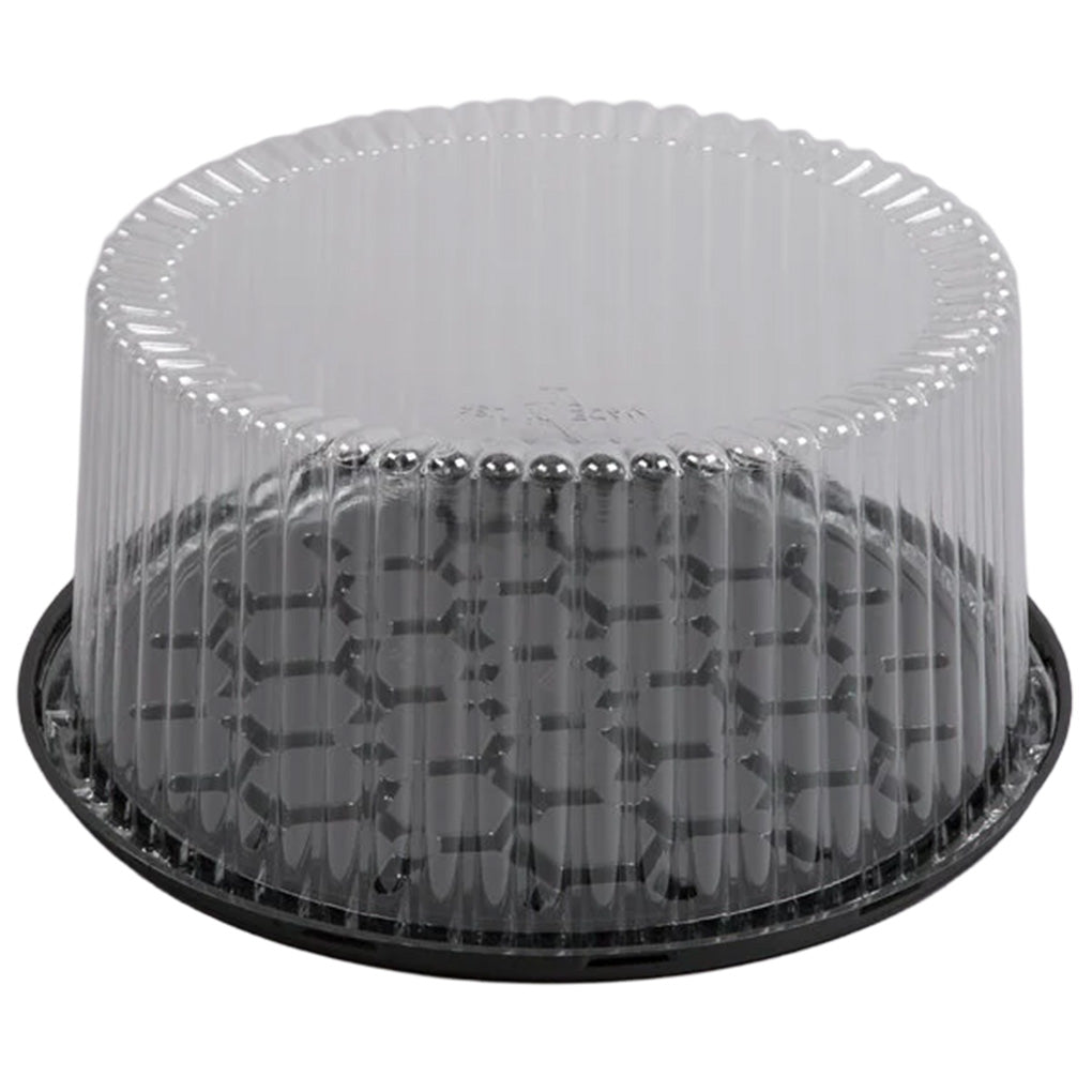 10-inch round cake container with a clear ribbed plastic dome and a black locking base, photographed on a white background.
