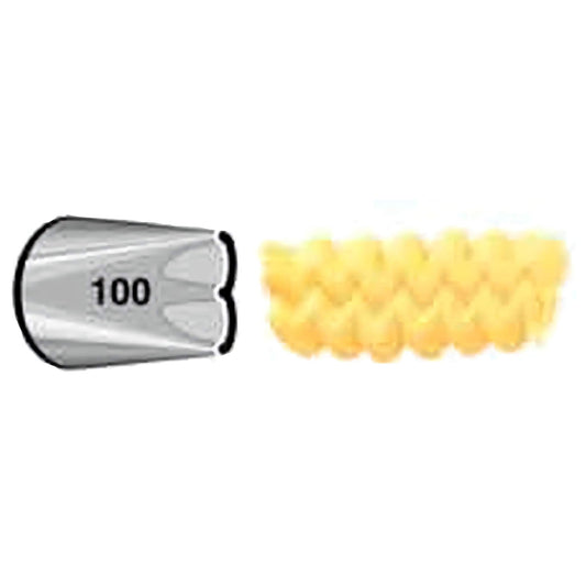 Close-up of piping tip number 100 with a unique design, demonstrating a yellow braided icing pattern.