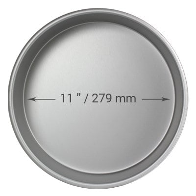11-inch diameter and 4-inch deep round cake pan made of anodized aluminum with seamless construction for smooth, straight-edge cakes.