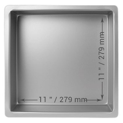 11-inch, 4-inch deep square cake pan with seamless anodized aluminum construction for smooth, even sponge cakes and professional baking results.
