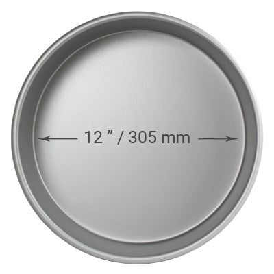 12-inch diameter and 4-inch deep round cake pan made of anodized aluminum with seamless construction for smooth, straight-edge cakes.