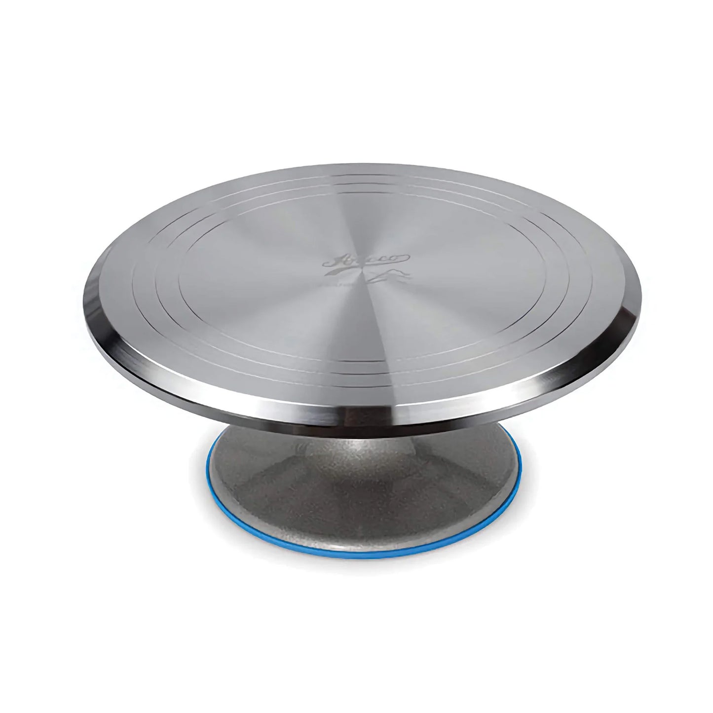 Ateco 12-inch aluminum cake decorating turntable with a brushed silver round top, concentric guide rings, raised pedestal base, and blue non-slip silicone edge.