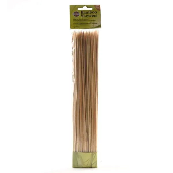 Packaged 100-count bamboo skewers with green label.