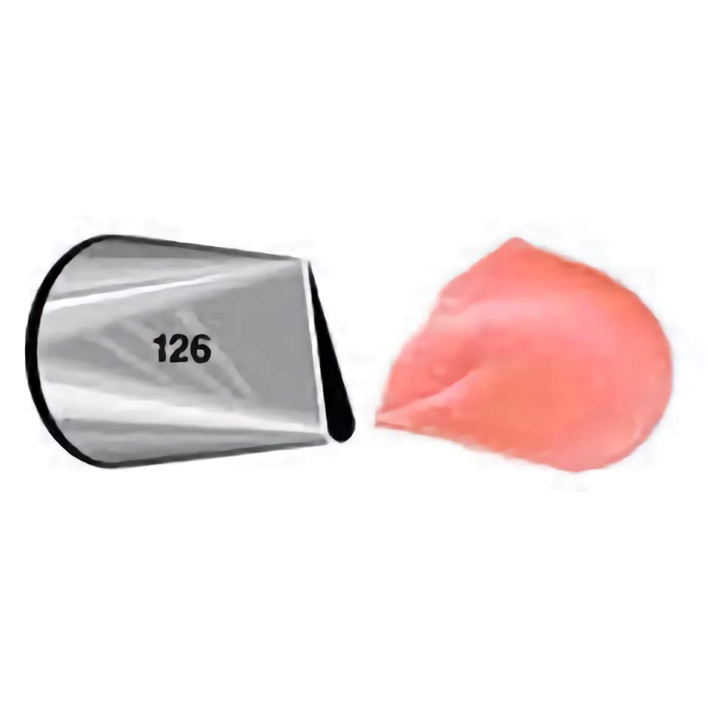 Decorating tip #126 shown beside a piped pink rose petal, demonstrating its wide, curved floral piping effect.