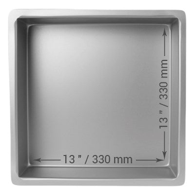 13-inch, 4-inch deep square cake pan with seamless anodized aluminum construction for smooth, even sponge cakes and professional baking results.