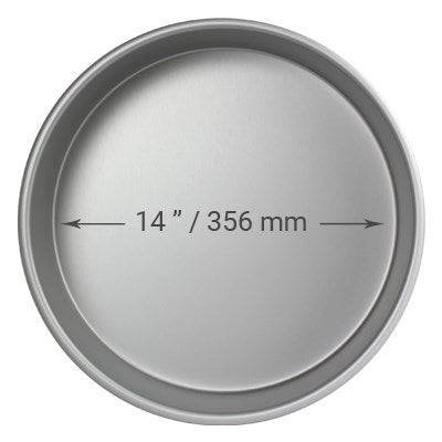 14-inch diameter and 4-inch deep round cake pan made of anodized aluminum with seamless construction for smooth, straight-edge cakes.