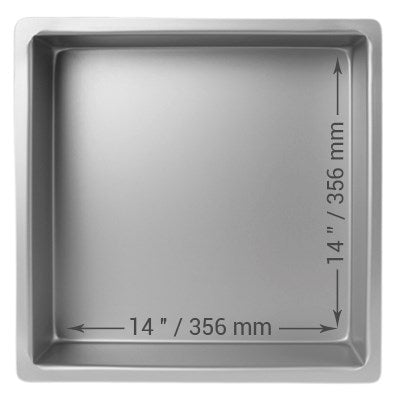 14-inch, 4-inch deep square cake pan with seamless anodized aluminum construction for smooth, even sponge cakes and professional baking results.