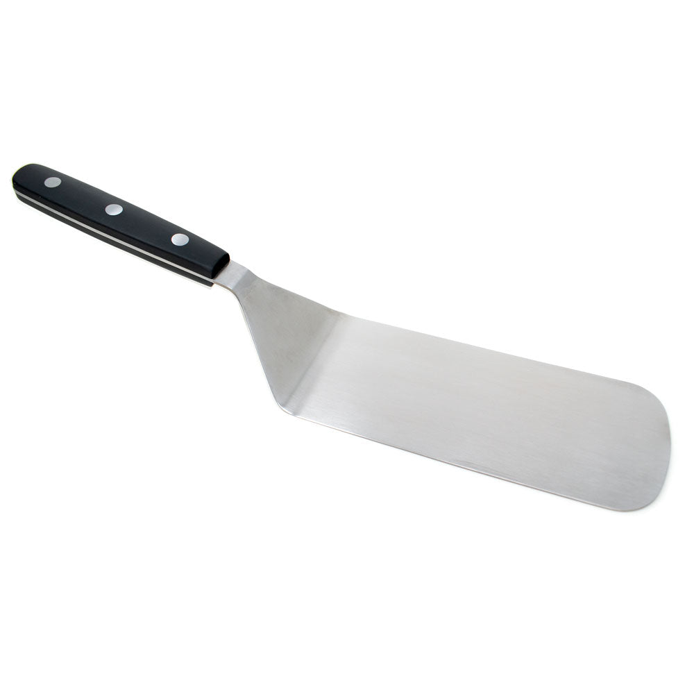 A 14″ stainless steel spatula with a wide offset blade and a heat-resistant black handle with three rivets.