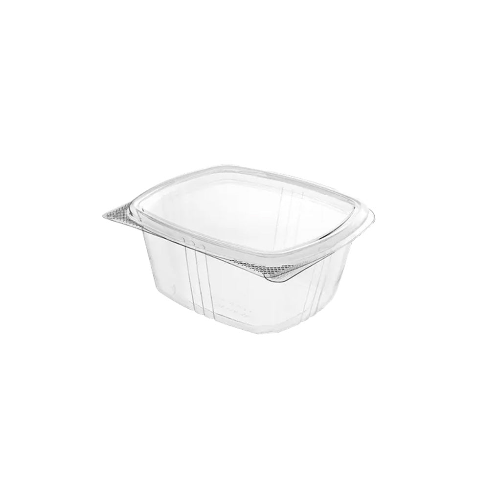 Clear 16 oz hinged deli container made of transparent plastic, shown closed with a domed-style lid and rectangular base on a white background.