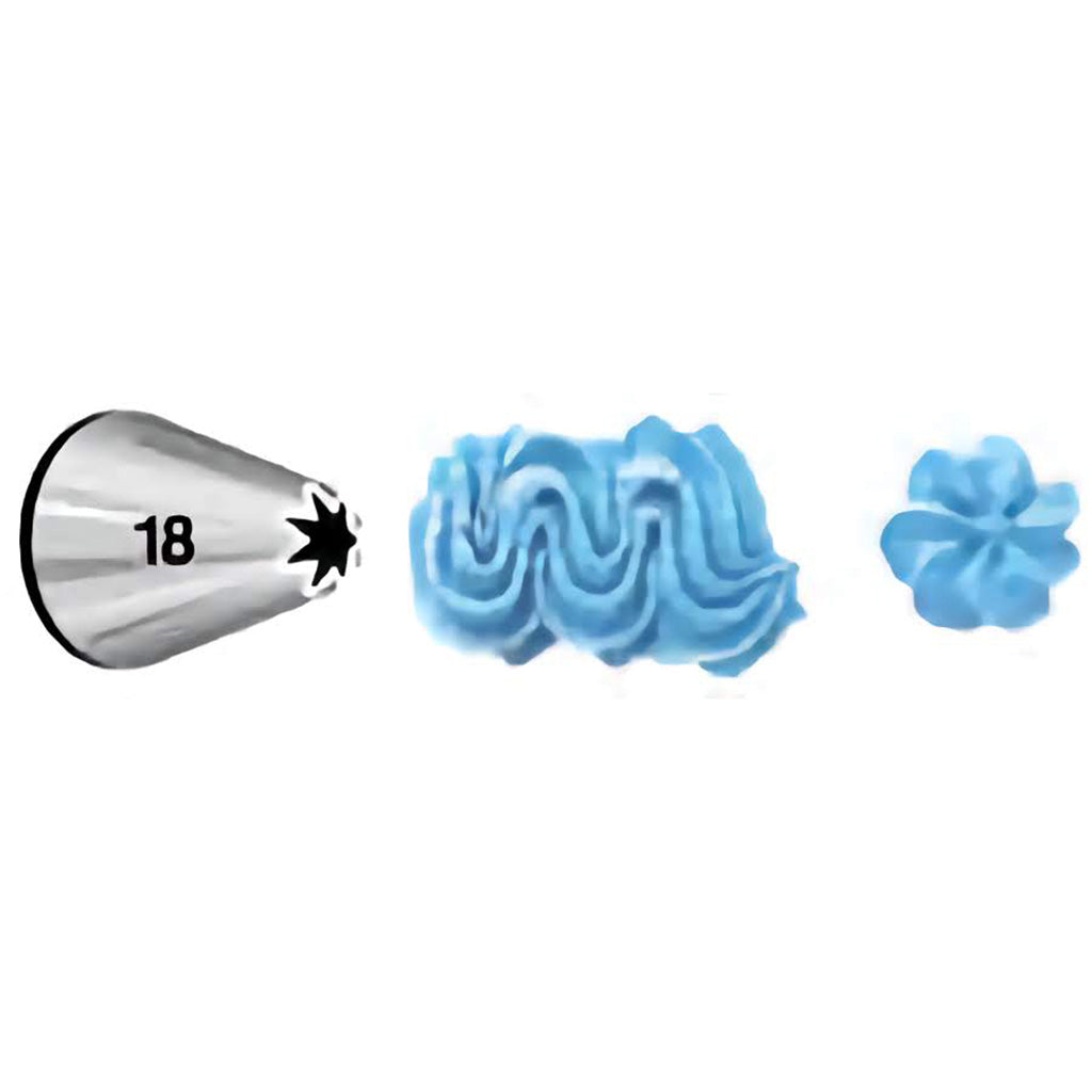 This is a star piping tip marked with the number 18. It produces a slightly larger and more defined ridged pattern compared to tip 16, suitable for more prominent decorations.