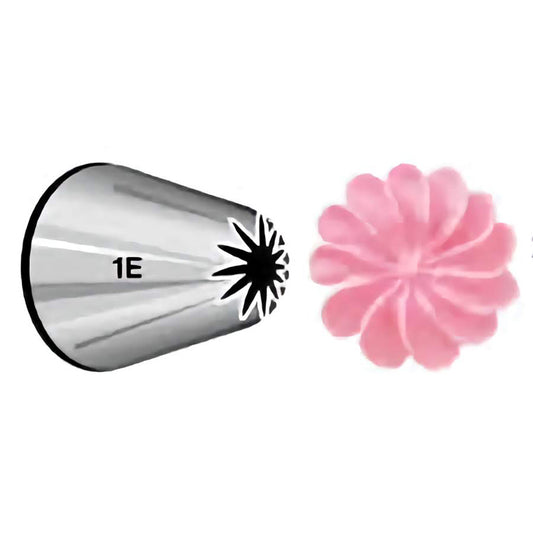 This piping tip is labeled with the number 1E and features a large, multi-pointed star shape. It’s excellent for creating large, decorative rosettes and swirls with a detailed, textured finish.