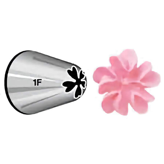 This piping tip is marked with the number 1F and has a unique floral-shaped opening. It’s designed for creating detailed flower designs and decorative patterns on cakes and cookies.
