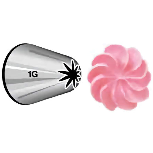This piping tip is labeled 1G and features a star-shaped opening with deeply grooved points. It’s perfect for creating large, defined stars and swirls, adding a professional touch to your baked goods.