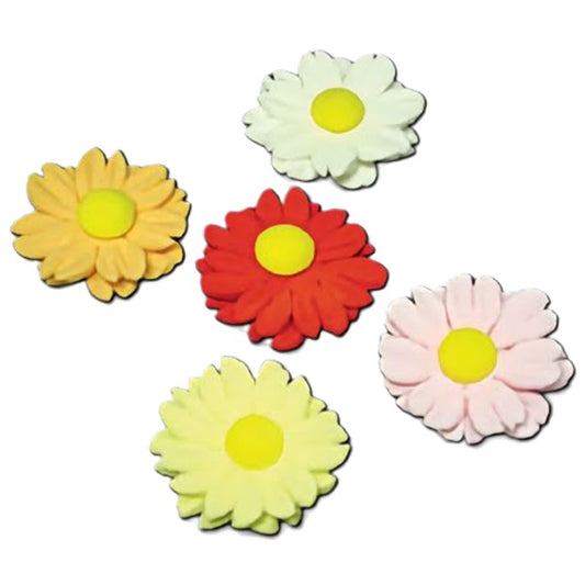 A cheerful collection of daisy-like gum paste flowers in shades of yellow, red, white, and pink, each with a bright yellow center. The simple yet classic design of these flowers provides a timeless decorative element for a range of baked goods.