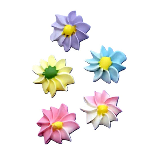 This collection presents five royal icing flowers with petals in lavender, yellow, blue, pink, and white, each accented with a brightly colored center. The soft gradients and detailed petal textures lend a realistic touch to these cake decorating essentials.