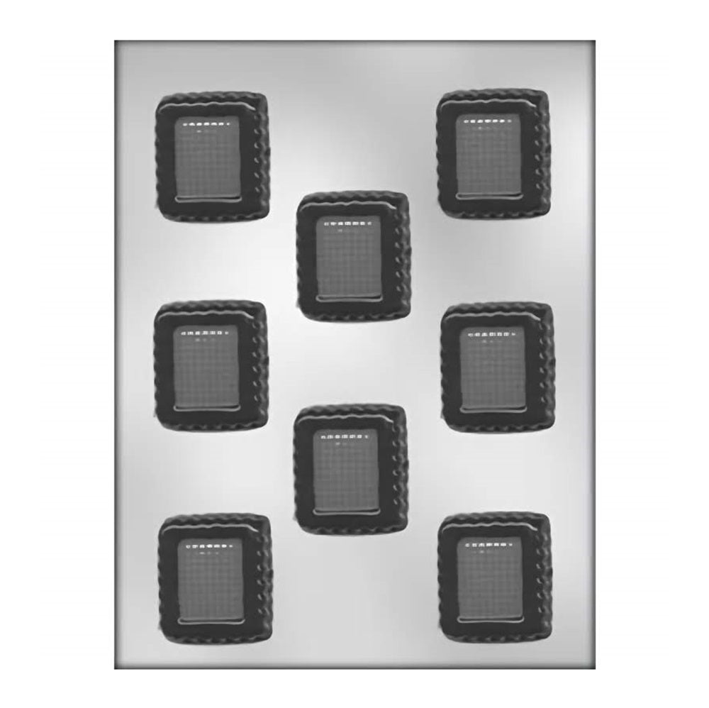 Image of a 1-3/4 inch decorative square chocolate mold, featuring nine cavities with a textured, quilted pattern. Each square cavity is bordered by a scalloped edge, giving the final chocolate pieces an elegant, crafted appearance. The mold’s reflective surface indicates a smooth finish for easy demolding of chocolates.