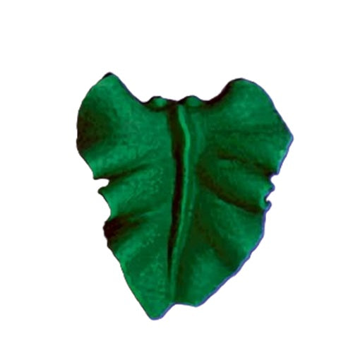 A single 1 inch green royal icing leaf with a pronounced vein detail, set against a white background. The striking green shade and realistic texturing are perfect for adding botanical flair to any cake decorating project.