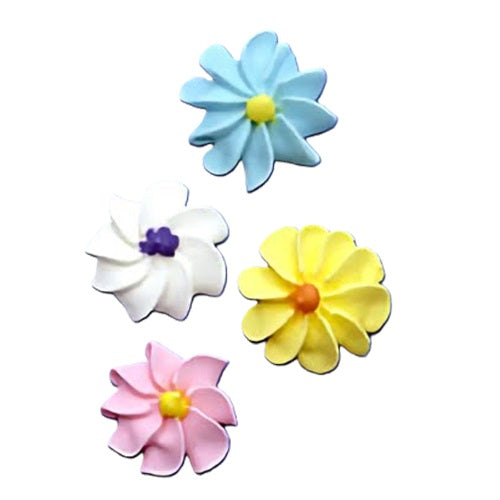 An assortment of four 1 inch sugarpaste flowers in soft hues of blue, white, yellow, and pink, each with a distinct center color. These edible decorations, perfect for adorning cakes or cupcakes, are displayed against a white background, highlighting their delicate petal shapes and subtle shading.