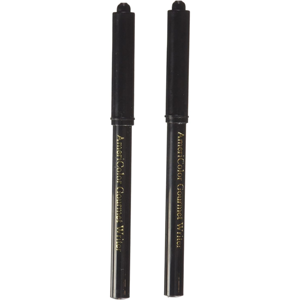 Two black AmeriColor Gourmet Writer food decorating pens with fine tips, ideal for edible writing and outlining on cookies, fondant, and other treats.