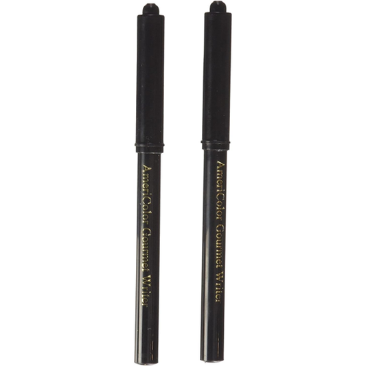Two black AmeriColor Gourmet Writer food decorating pens with fine tips, ideal for edible writing and outlining on cookies, fondant, and other treats.