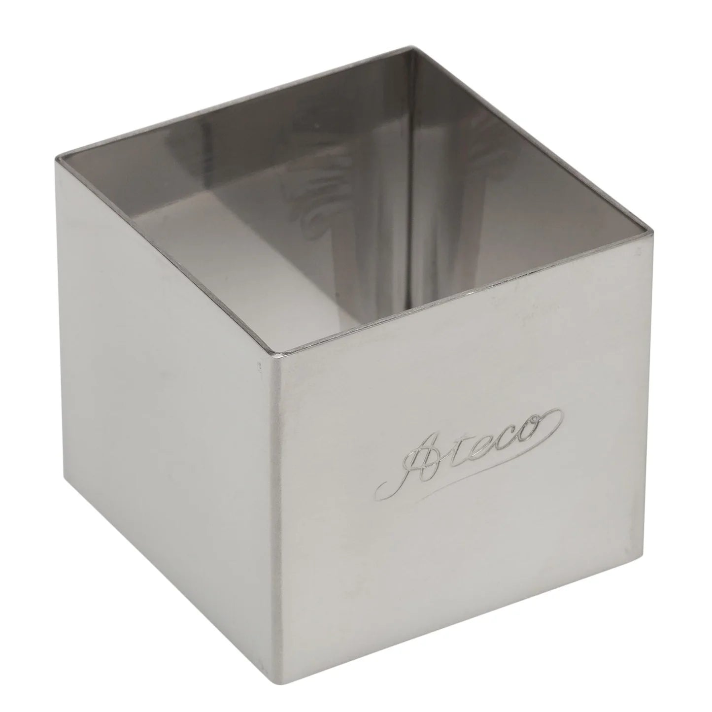 Ateco 4905 2" stainless steel square mold with a polished finish and engraved branding, designed for precise baking and plating.