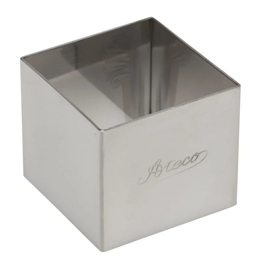 2" stainless steel square mold with a polished finish and engraved branding, designed for precise baking and plating.
