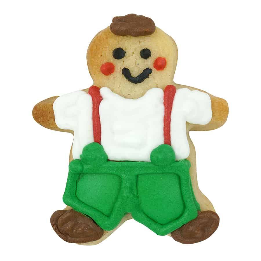 Decorated gingerbread boy cookie with green overalls, red suspenders, and cheerful details.