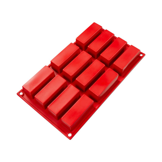 Fat Daddio's Silicone 12-Cavity Cake Mold in red, featuring twelve rectangular cavities. Made from food-grade silicone, flexible, non-stick, and temperature-safe from -40°F to 550°F.