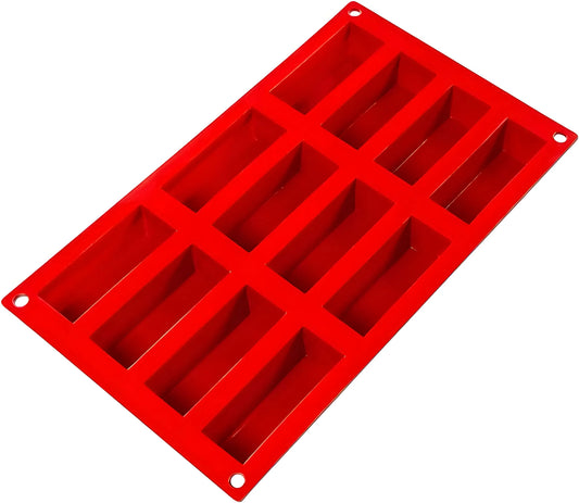 Fat Daddio's Silicone 12-Cavity Cake Mold in red, featuring twelve rectangular cavities. Made from food-grade silicone, flexible, non-stick, and temperature-safe from -40°F to 550°F.