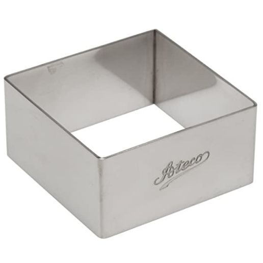 Ateco 4904 2.75" stainless steel square cake mold with a polished finish and engraved branding, designed for precise baking and plating.