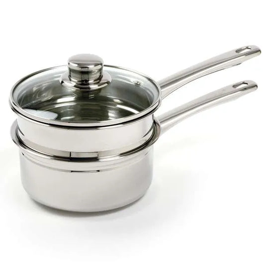 Stainless steel double boiler with a glass lid, ideal for melting chocolate or heating delicate ingredients without burning. The sleek and durable design ensures even heat distribution.