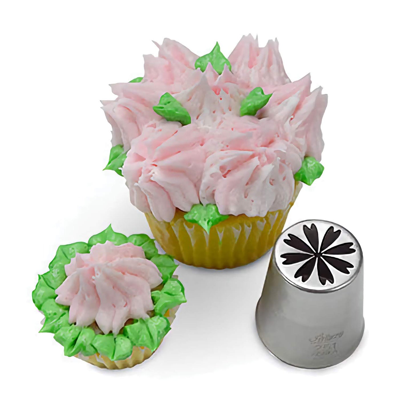 Russian Piping Tip 251 with a cupcake showcasing intricate pink floral frosting patterns, perfect for effortless, professional-grade cake decorating.