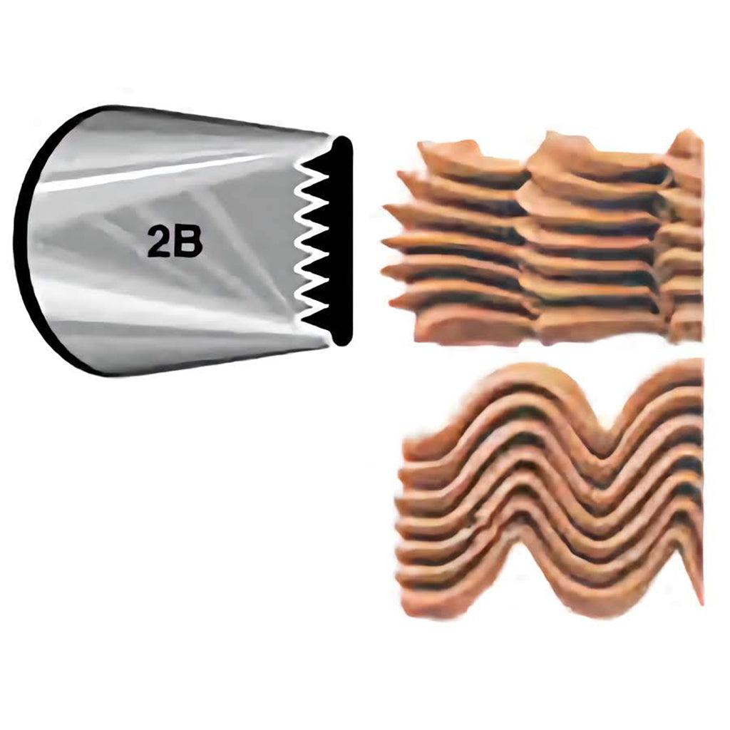 Basketweave Piping Tip 895 (2B) with sample frosting patterns showing smooth and ribbed stripes for textured cake decorating