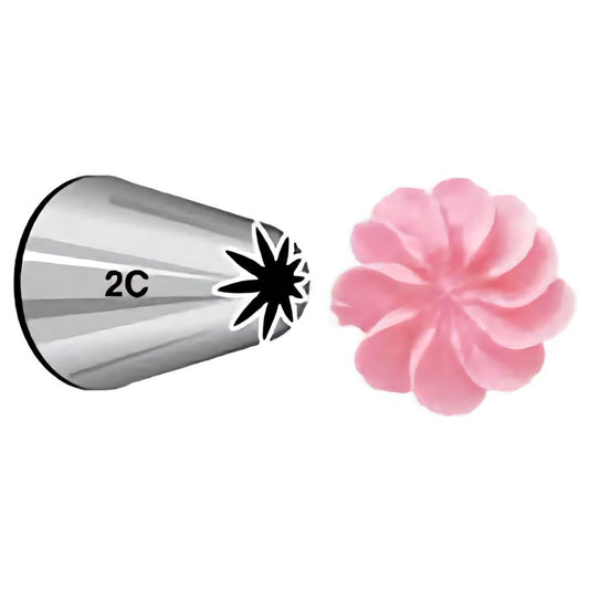 Closed Star Piping Tip 854 (2C) with pink icing flower sample, used for piping swirls, rosettes, and drop flowers with curved ridges