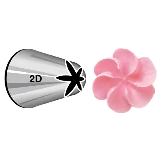 Closed Star Piping Tip 852 (2D) with pink icing flower sample, used for piping rosettes, swirls, and drop flowers with curved, layered ridges