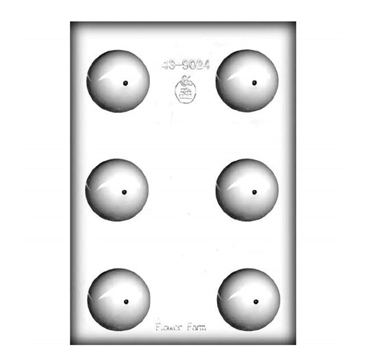 This mold features six cavities, each shaped like a smooth, round hemisphere, ideal for crafting half-spherical chocolate treats. The glossy finish of each cavity suggests that the resulting chocolates will have a shiny appearance, perfect for elegant dessert presentations or as components for creating full-sphere chocolate delicacies.
