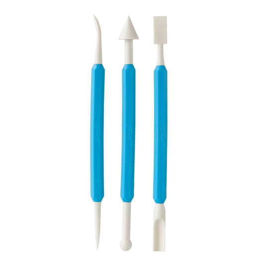 Ateco 4205 3-piece sculpting tool set with blue handles and six shaping tips for fondant and gum paste detailing.