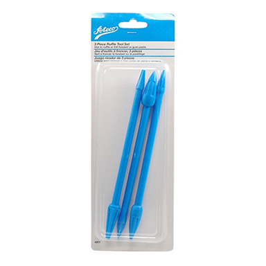 Ateco 3-piece ruffle tool set in blue, packaged in clear plastic, featuring six shaping options for fondant and gum paste detailing.