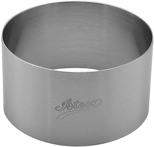 Ateco 4901 3" round stainless steel mold with a smooth, durable finish and engraved branding for professional baking and plating.