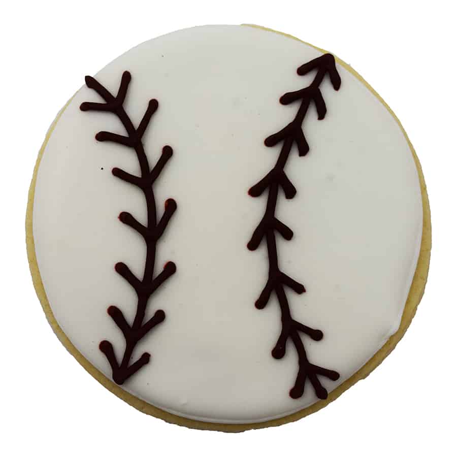 Circular cookie decorated to resemble a baseball, made using a 3-inch round cookie cutter.