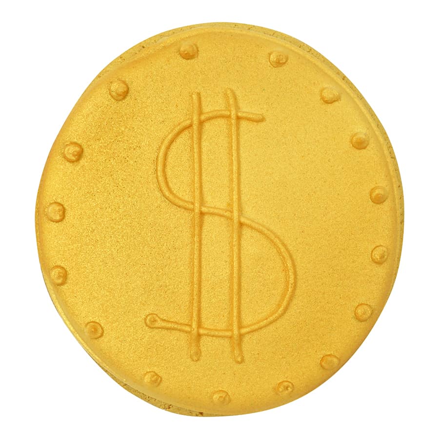 Gold coin-shaped cookie with a dollar sign imprint, created with a 3-inch round cookie cutter.