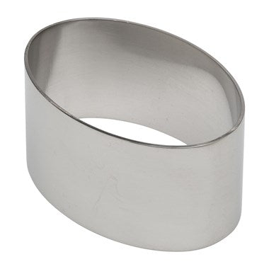 Ateco 4906 3 1/4" stainless steel oval mold with a polished finish, designed for precise baking, plating, and portion control.