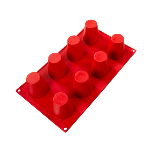 Fat Daddio's Silicone 8-Cavity Baking Mold in red, featuring eight deep round cavities. Made from food-grade silicone, flexible, non-stick, and temperature-safe from -40°F to 550°F.